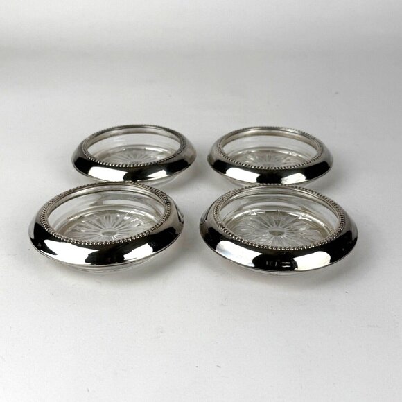 Sterling Silver Crystal Coasters Frank Whiting Sterling Rim Beaded Set of 4 - Picture 1 of 7